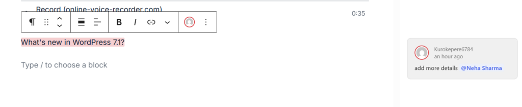 An inline Note in WordPress 7.1 attached to a selected sentence rather than a whole block, with the note thread alongside it using an @mention to notify a collaborator
