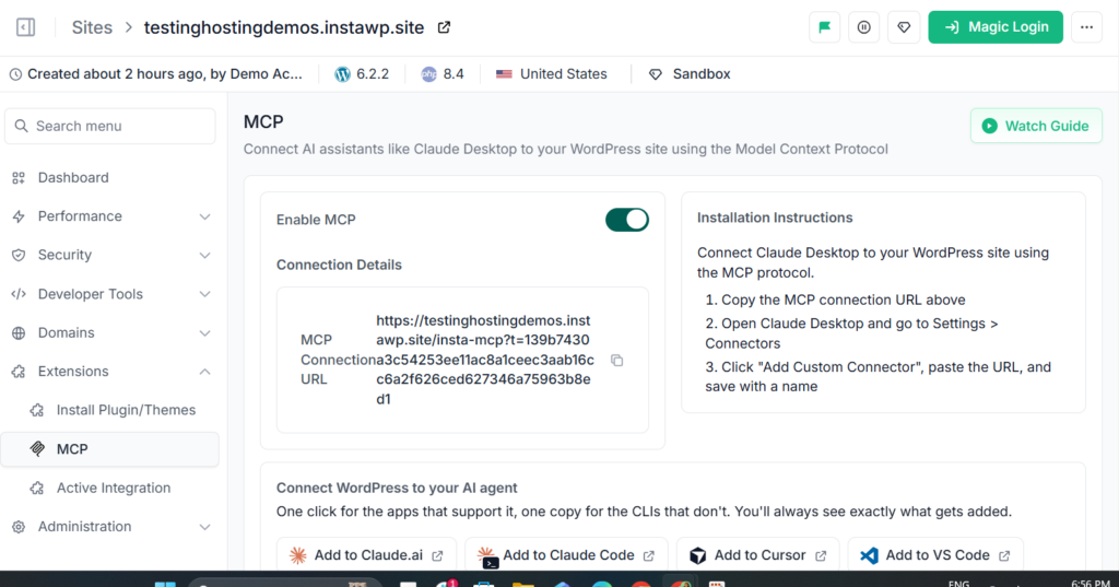 InstaWP dashboard MCP screen with Enable MCP switched on, showing the connection URL and one-click buttons to add the WordPress site to Claude.ai, Claude Code, Cursor and VS Code