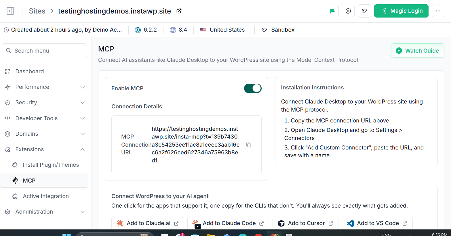 Enabling InstaMCP on a site in the InstaWP dashboard