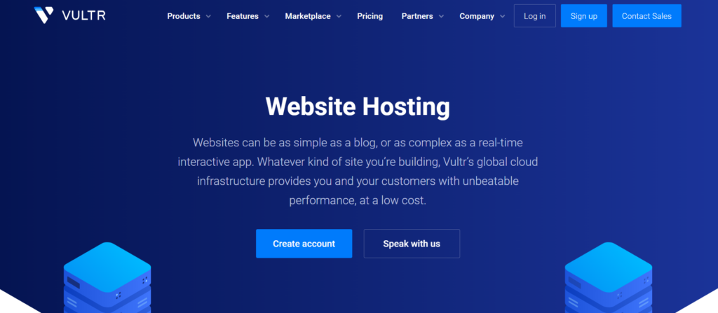 Vultr website hosting page describing its global cloud infrastructure for sites from simple blogs to real-time apps