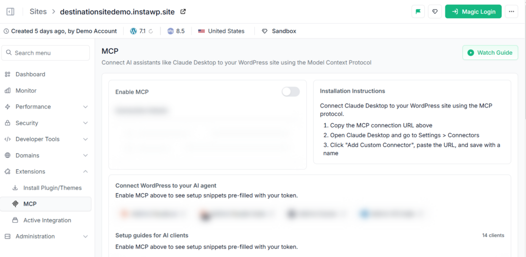 The MCP tab in the InstaWP site dashboard, reached through Extensions, with the Enable MCP toggle and setup guides for AI clients