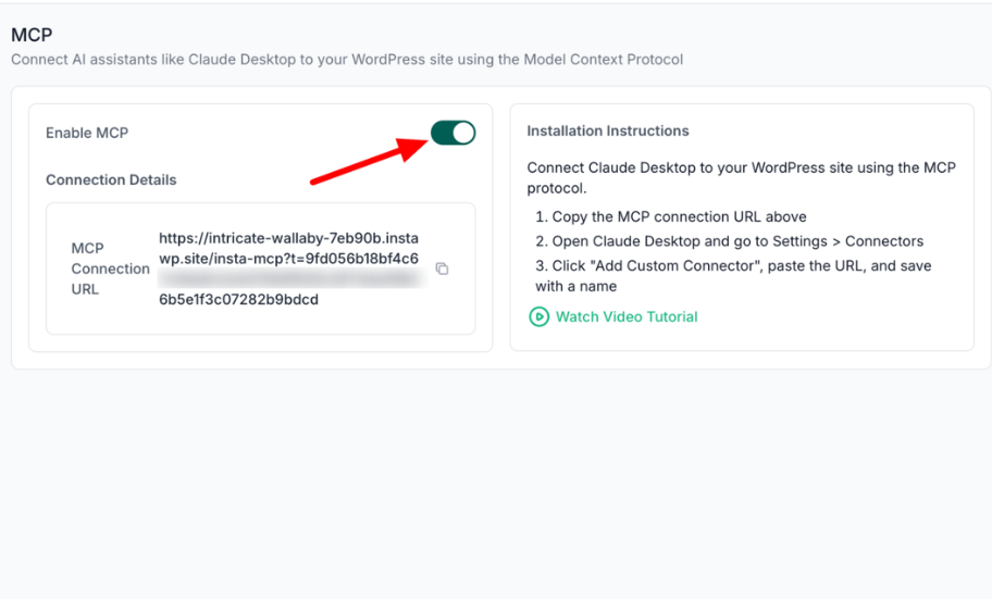 Enable MCP switched on in the InstaWP dashboard, showing the InstaMCP connection URL under Connection Details