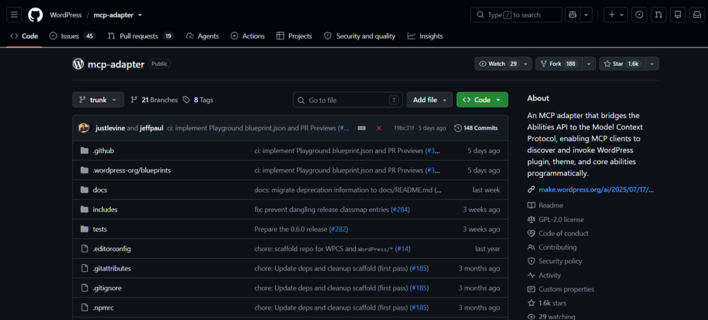 The WordPress mcp-adapter repository on GitHub, where the MCP Adapter plugin release ZIP is downloaded