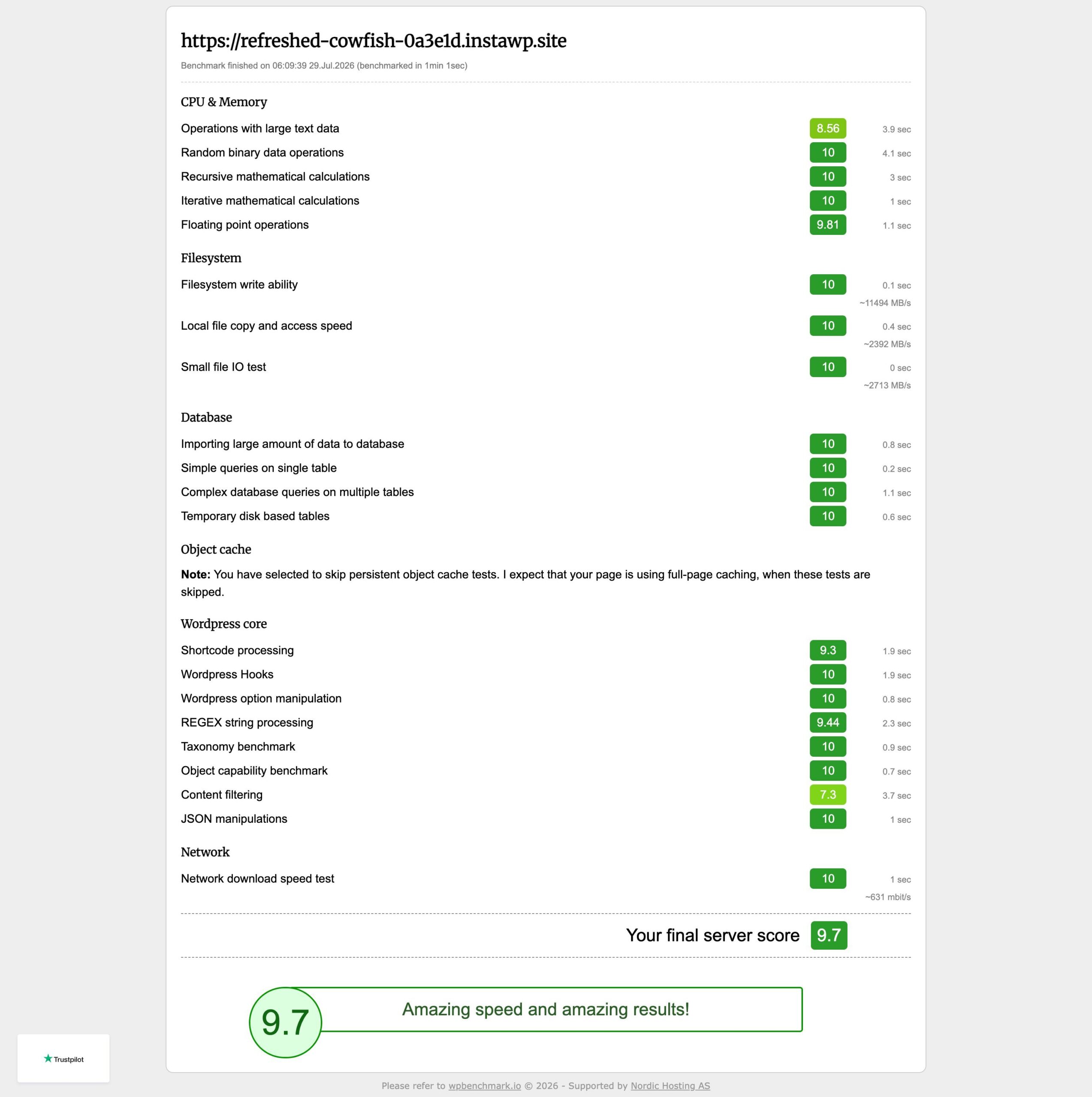 WP Benchmark plugin report for an InstaWP new-generation server