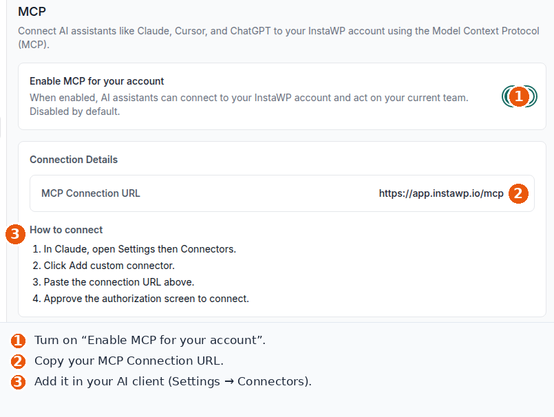 InstaWP account settings showing Enable MCP for your account and the MCP connection URL