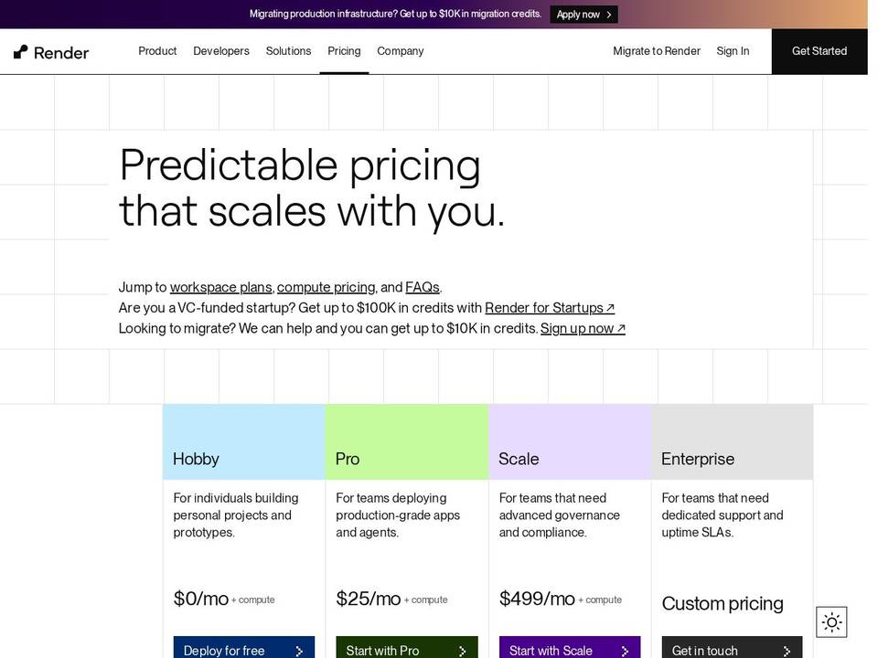 Render pricing page showing Hobby, Pro, Scale and Enterprise workspace plans plus startup credits, a managed app platform alternative to raw cloud