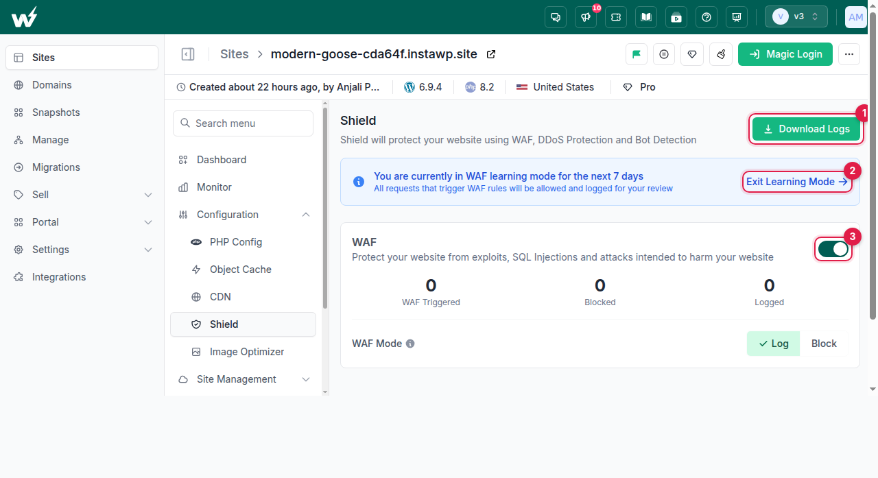 InstaWP Shield WAF and bot protection settings, included from the Starter plan