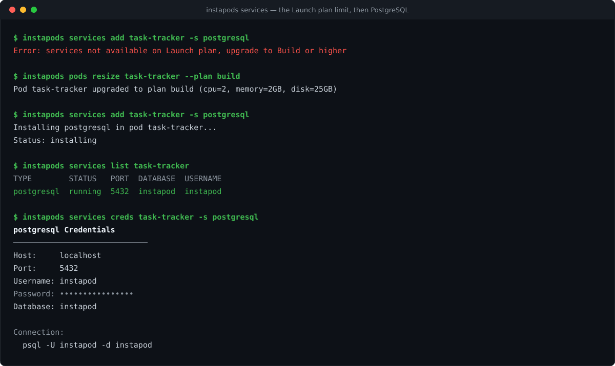 Terminal showing services refused on the Launch plan, a resize to Build, PostgreSQL installing and running, and the connection credentials with the password masked
