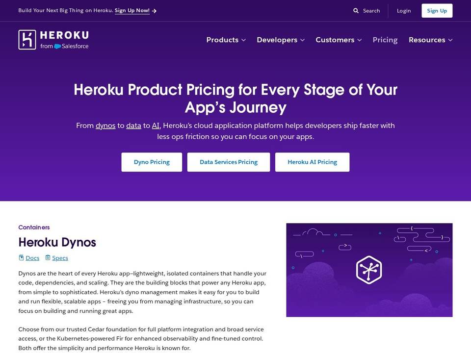 Heroku pricing page splitting cost into dyno pricing, data services pricing and Heroku AI pricing for app hosting