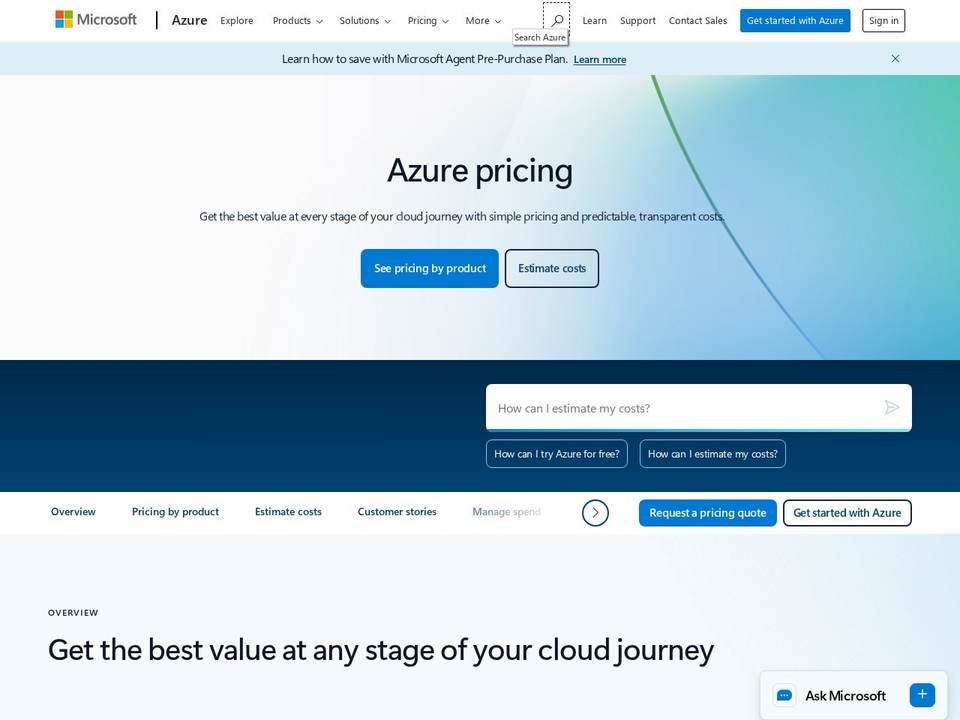 Microsoft Azure pricing page offering pricing by product and a cost estimator, the usage-based model startups meet on Azure