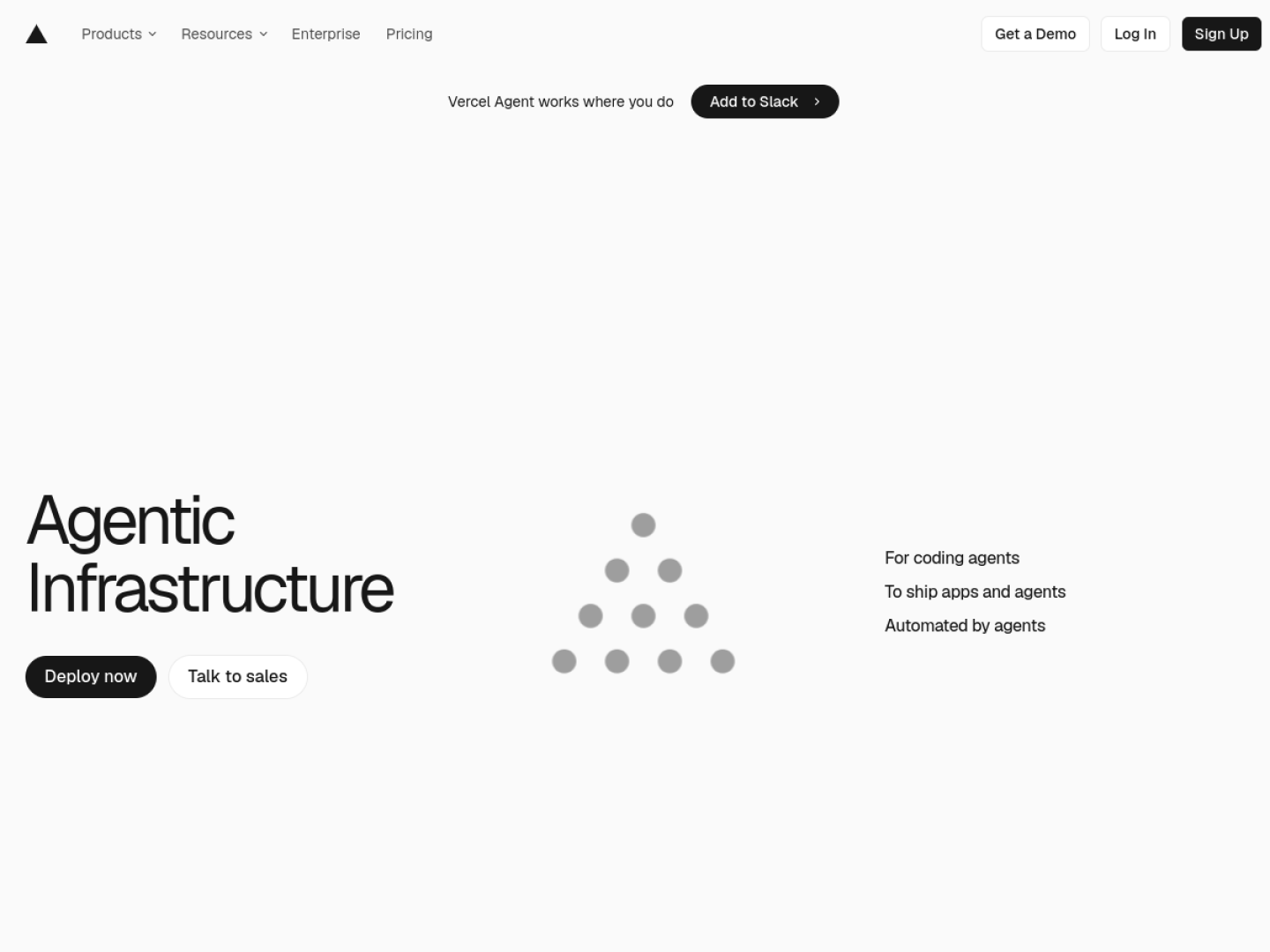 Vercel homepage headline reading Agentic Infrastructure with Deploy now and Talk to sales buttons