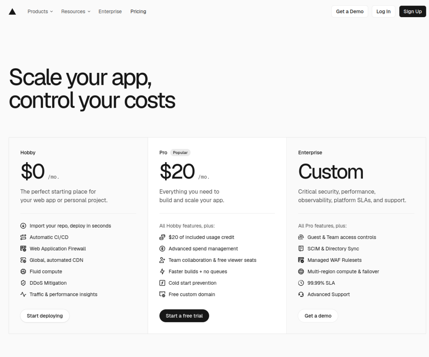 Vercel pricing page showing the free Hobby plan, Pro at 20 dollars per user per month, and Enterprise