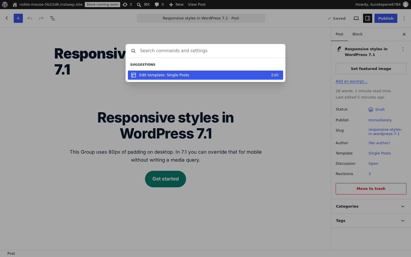 The WordPress 7.1 command palette open over the block editor, showing results collected under a Suggestions group heading
