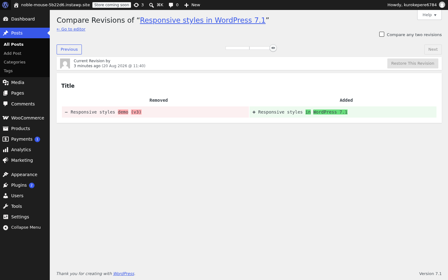 WordPress 7.1 Compare Revisions screen showing a colour-coded diff with removed text in red and added text in green, the revision slider, Previous and Next buttons and the Restore This Revision button