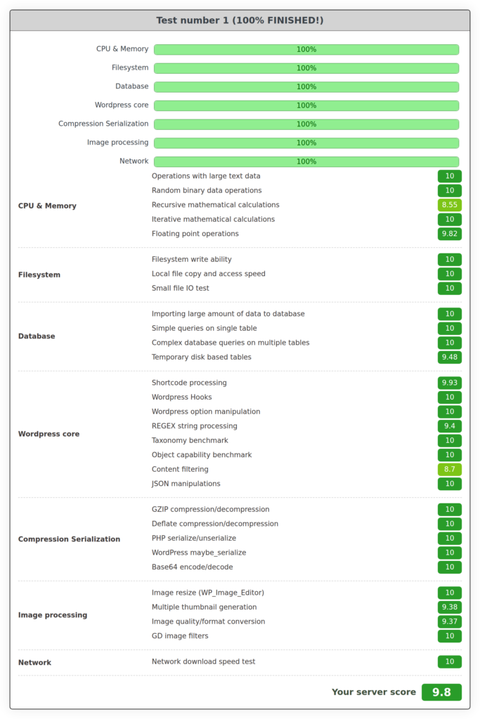 WP Benchmark results card for a WordPress site on an InstaWP new-generation server with the persistent object cache tests skipped, showing per-test scores and a final server score of 9.8 out of 10.