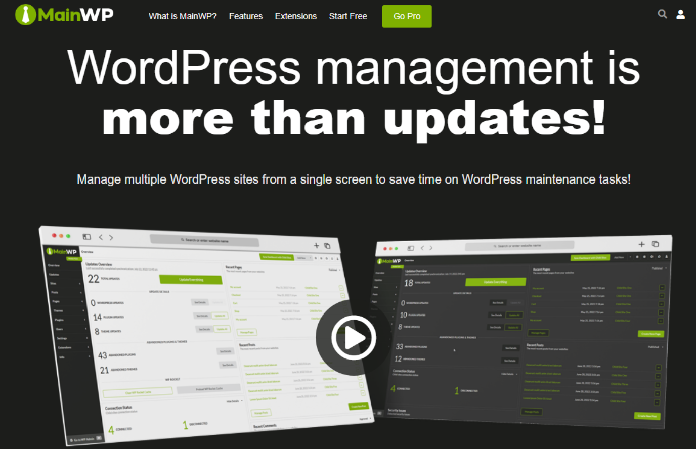 Homepage screenshot of MainWP site management tool for agencies.
