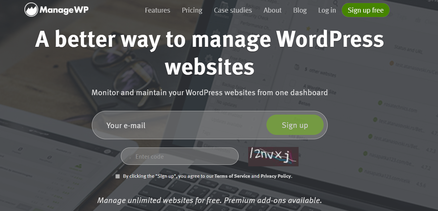 Homepage screenshot of ManageWP site management tool for agencies.