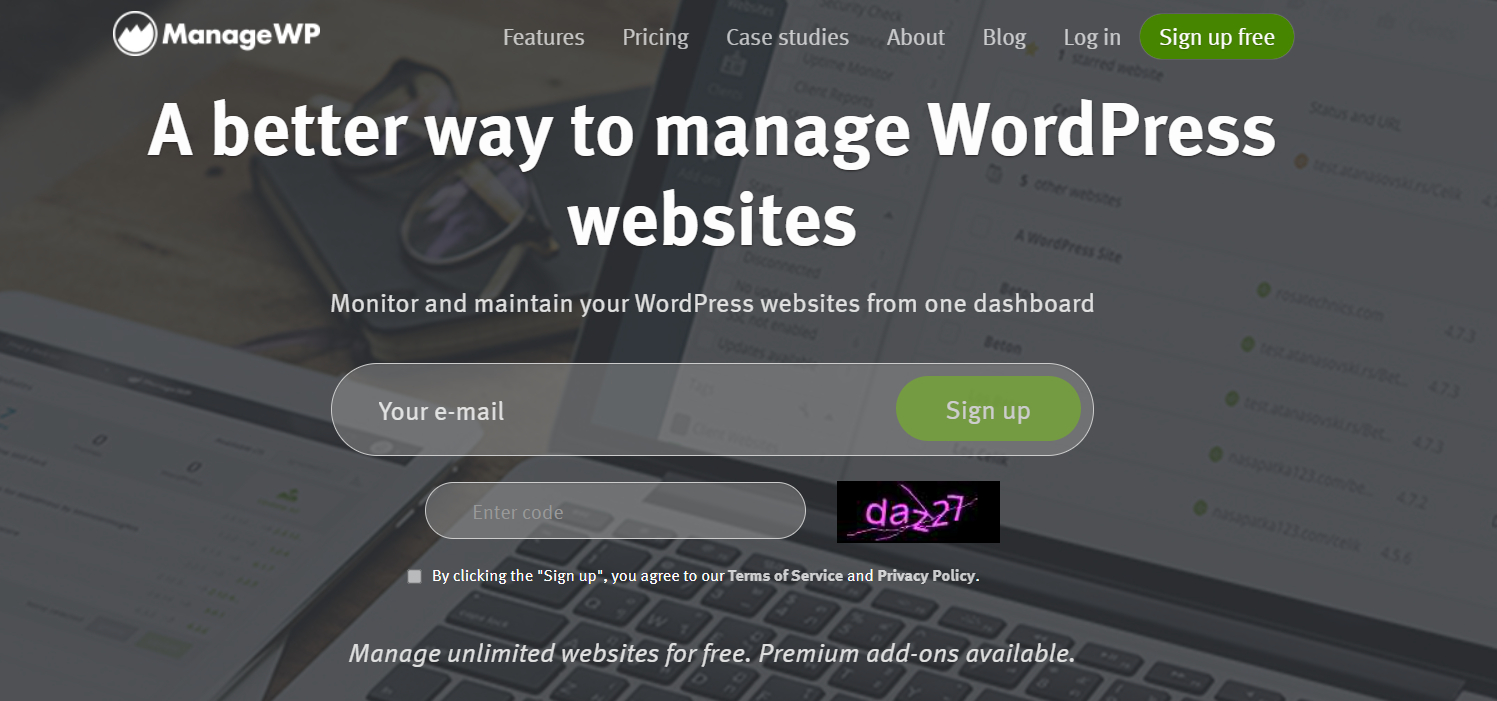 ManageWP WordPress site monitoring service homepage 