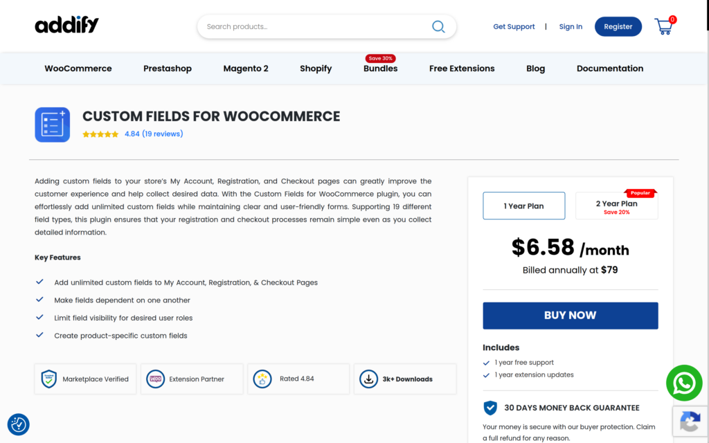 The Addify Custom Fields for WooCommerce product page, showing its key features and pricing