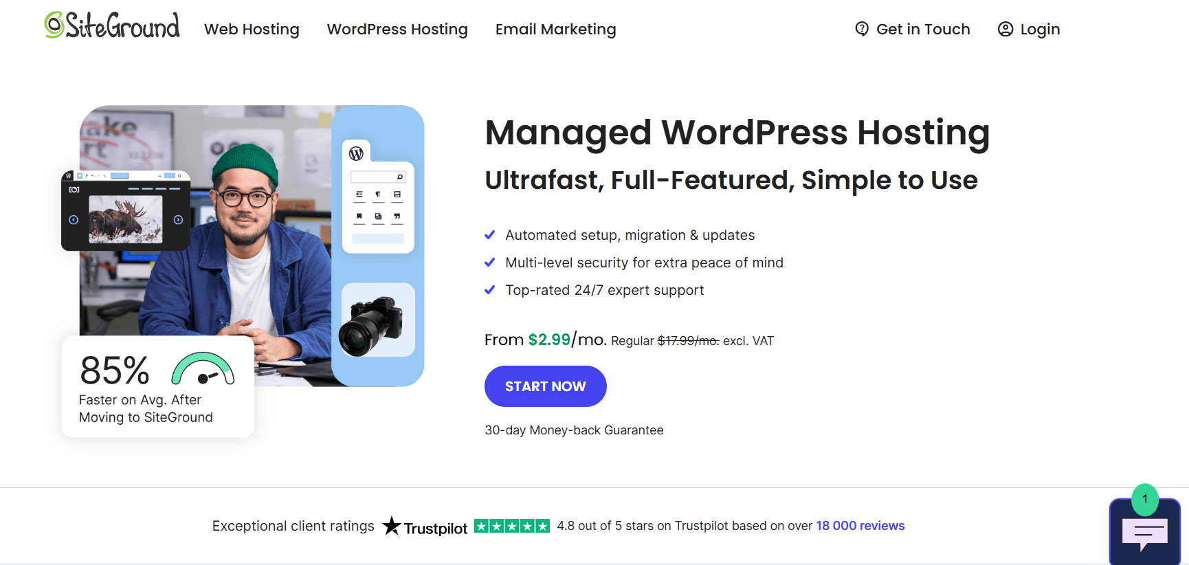SiteGround- an affordable Cloudways alternative offering managed WordPress hosting