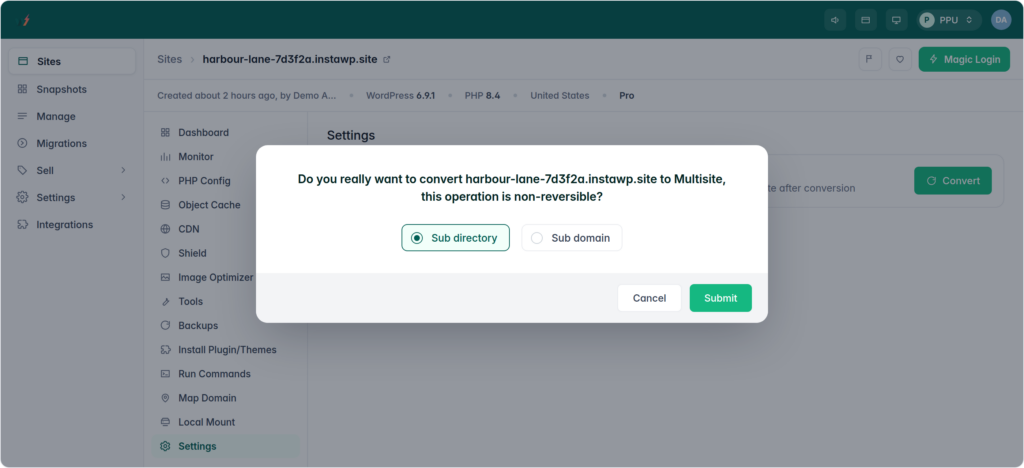 The InstaWP confirmation dialog asking whether to convert the site to Multisite, with Sub directory and Sub domain options