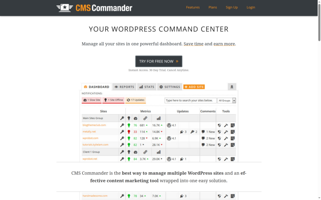 The CMS Commander homepage, showing its dashboard for managing multiple WordPress sites