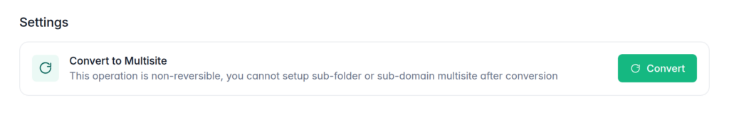 The Convert to Multisite setting in InstaWP, warning that the operation is non-reversible, with the Convert button
