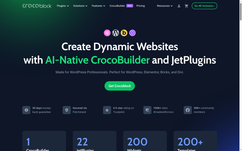 The Crocoblock homepage, showing JetPlugins and CrocoBuilder for building dynamic WordPress websites