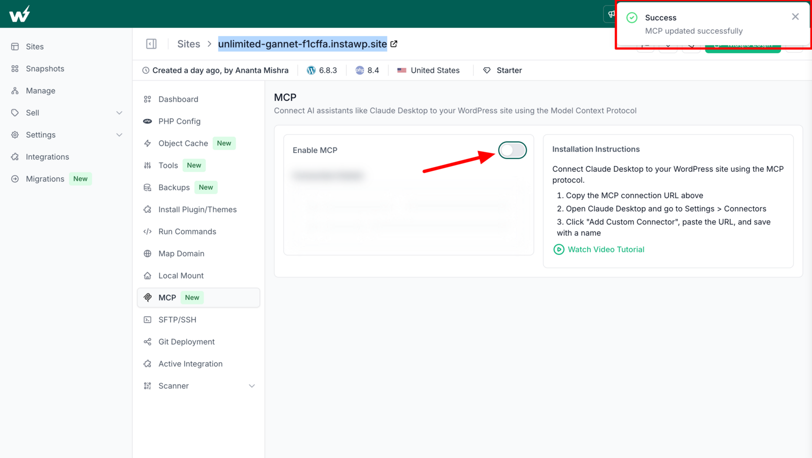 InstaWP site dashboard open on the MCP tab, with the Enable MCP toggle highlighted and the installation instructions panel explaining how to copy the MCP connection URL into an AI client