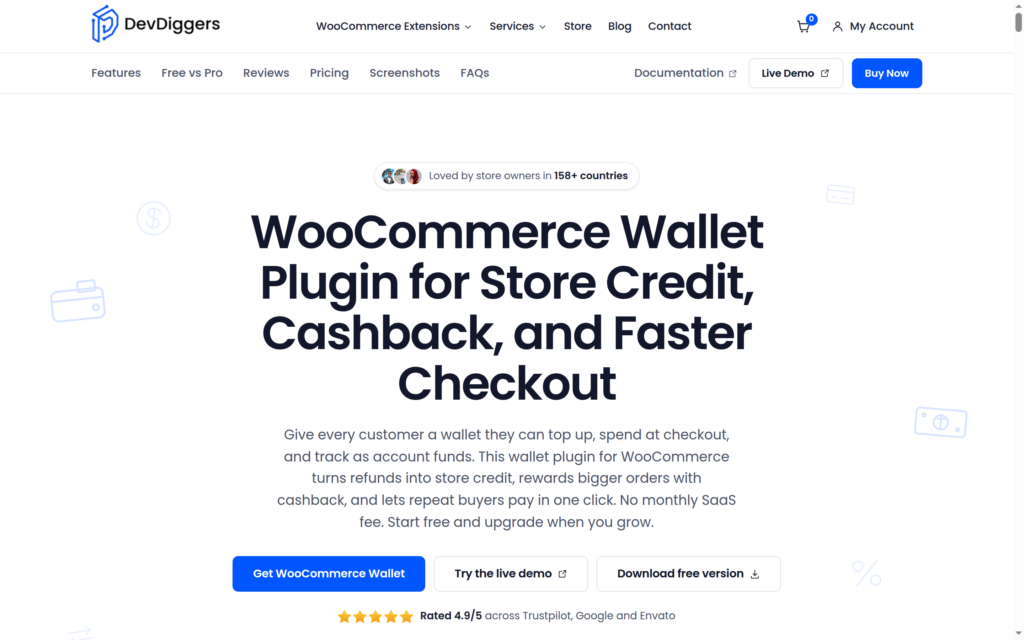 The DevDiggers WooCommerce Wallet plugin page for store credit, cashback and faster checkout