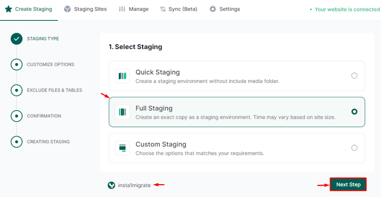 Step 1: Install WordPress on the New Host: Enter the site name, and click “Next Step.”
