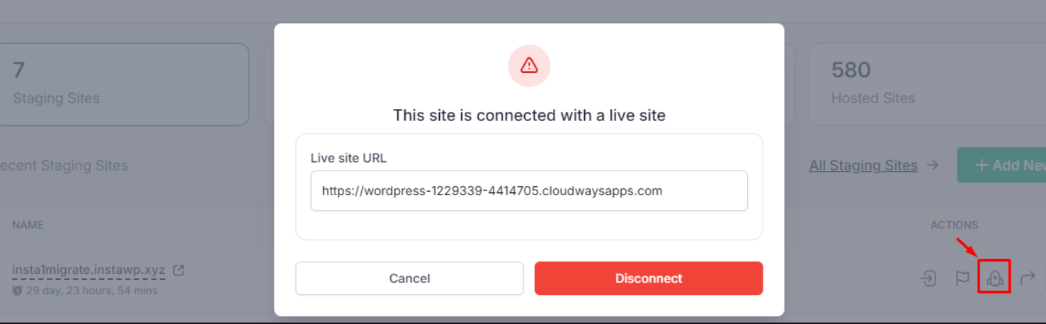 Step 2: Disconnect Your InstaWP Staging Site (screenshot 7)