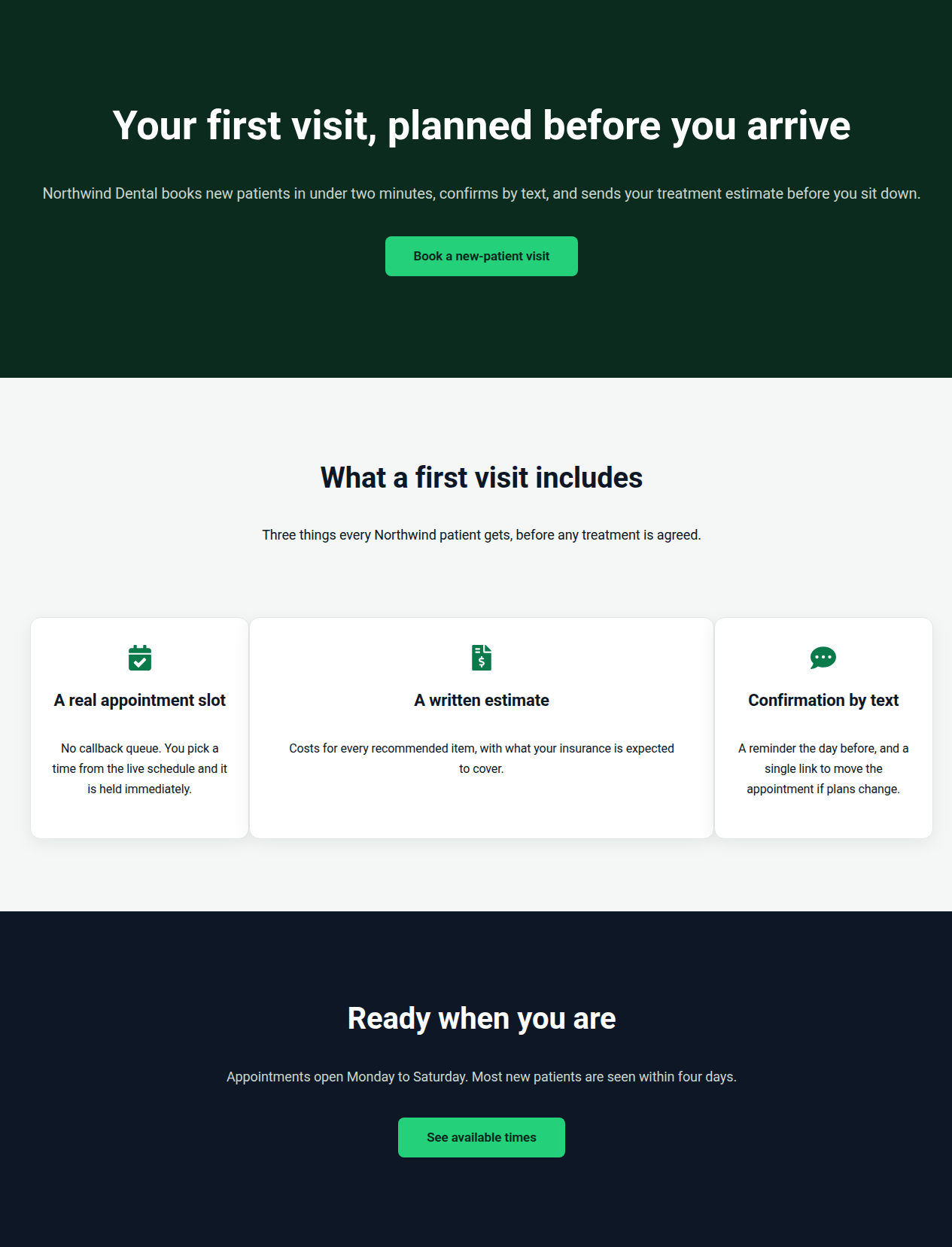 Front end of a four-section Elementor landing page written entirely by an AI agent over MCP: dark hero with headline and CTA, a three-card feature row with icons, and a closing call to action