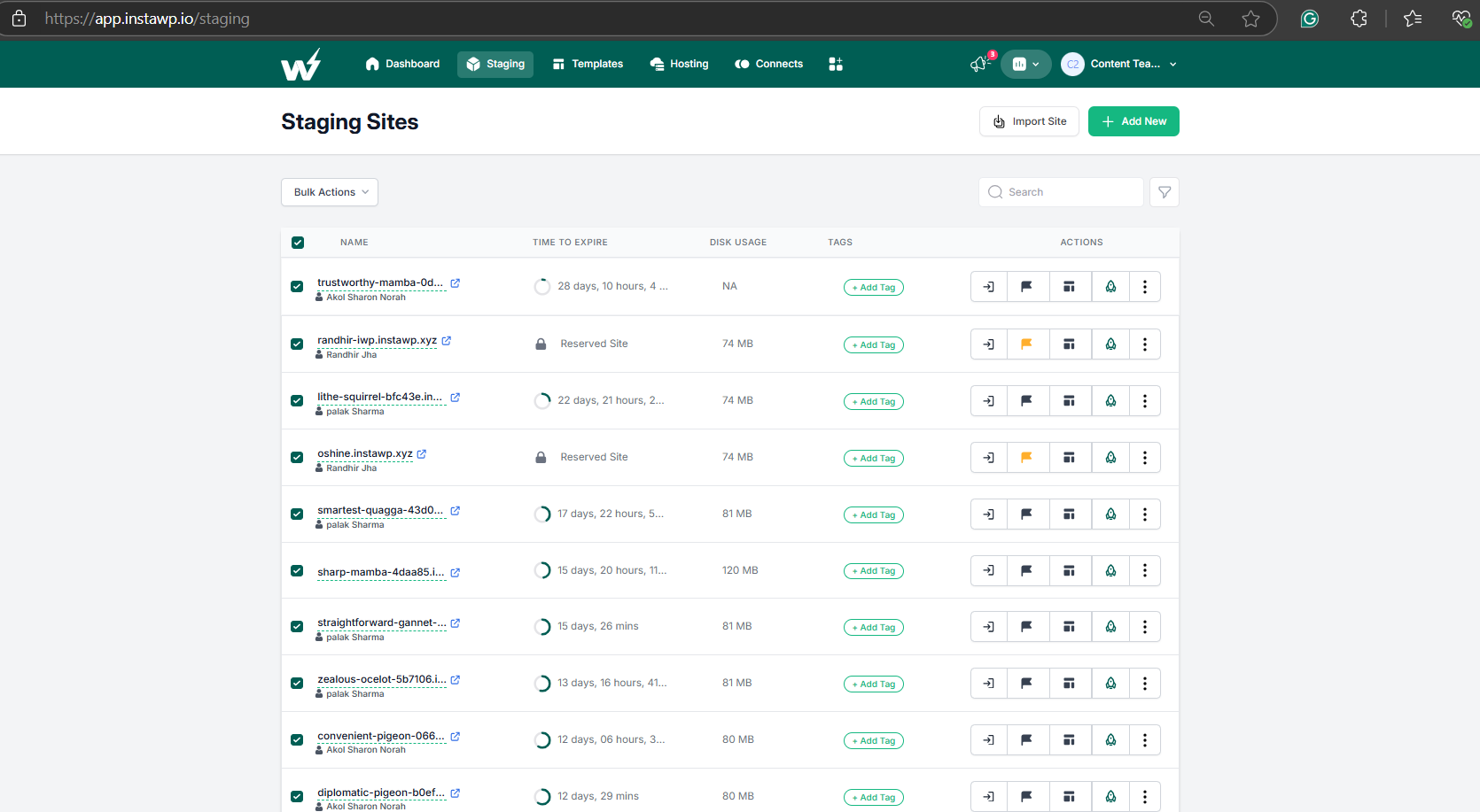 Manage multiple staging sites on
InstaWP Dashboard to manage multiple sites