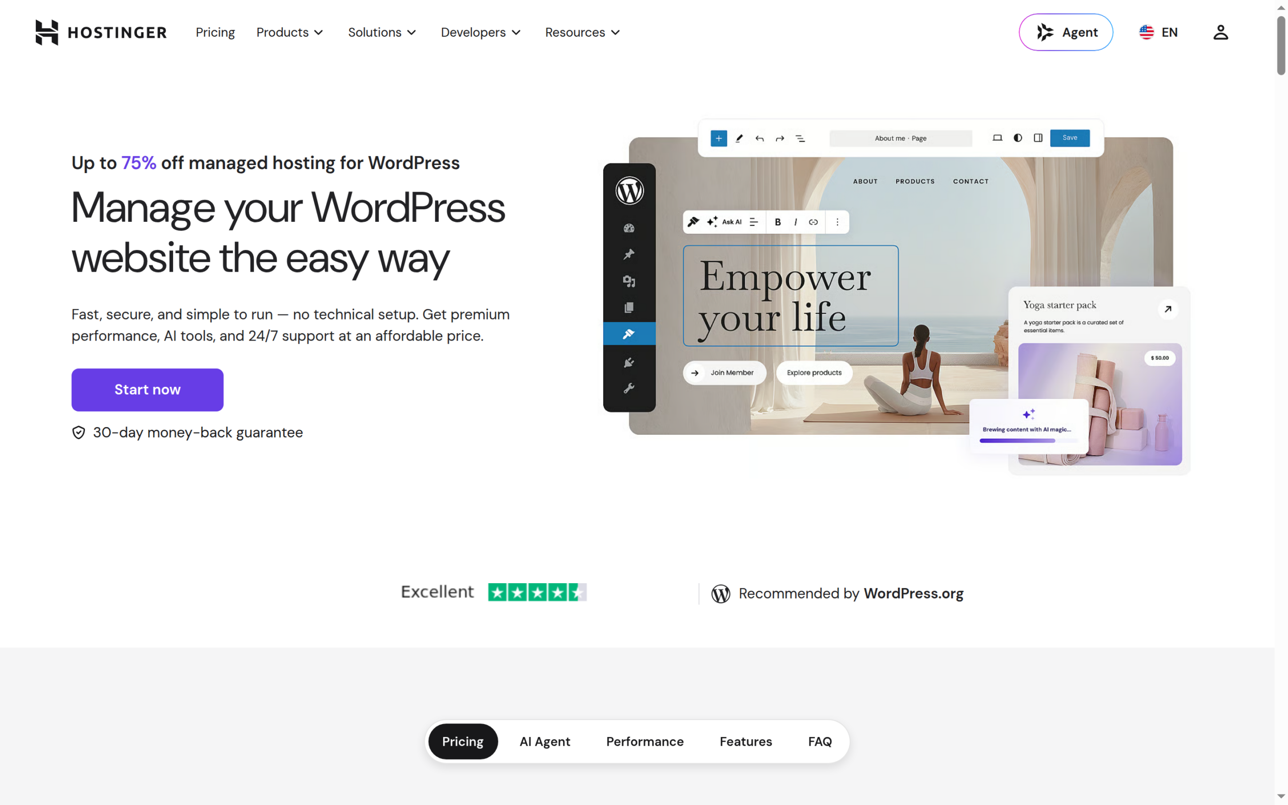 The Hostinger WordPress hosting homepage