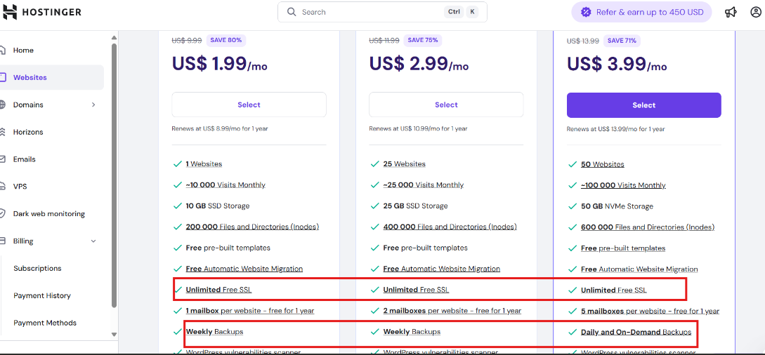 Hostinger hosting plans 