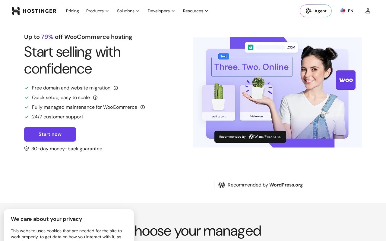 Hostinger managed WooCommerce hosting page