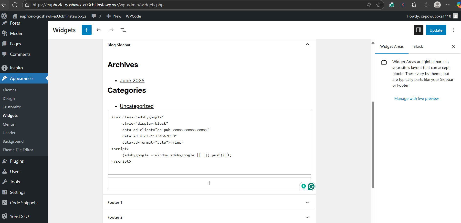 Step-by-Step: How to Add Google AdSense Code in WordPress Using a Widget, screenshot from the guide How to Add AdSense Code in WordPress (step 3 of 3)