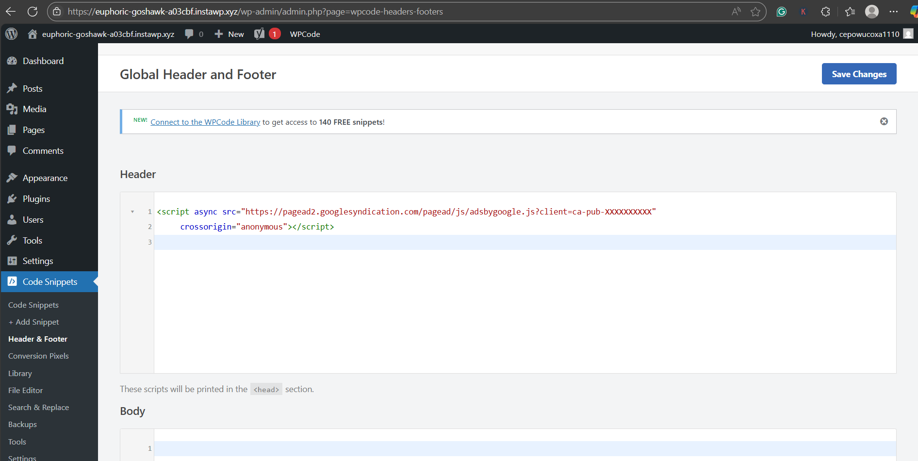 Step-by-Step: How to Insert Google AdSense Code into WordPress Using WPCode, screenshot from the guide How to Add AdSense Code in WordPress (step 3 of 3)