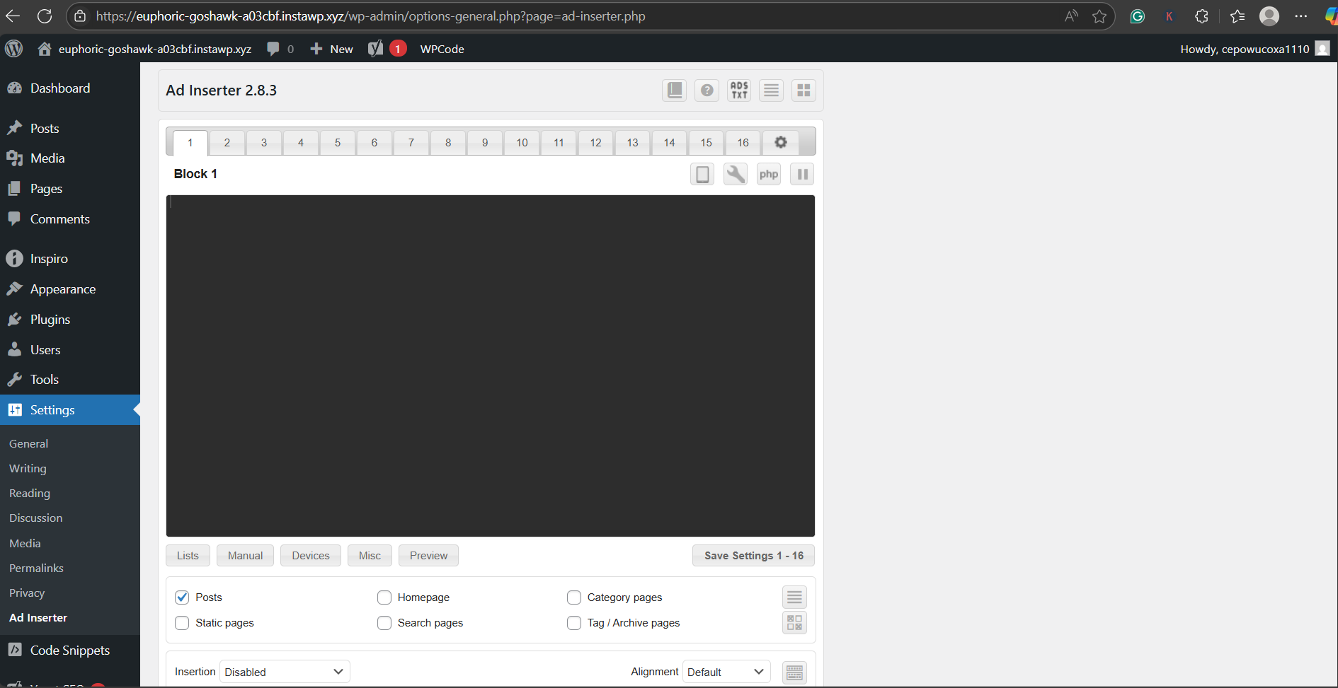 Step 2: Open Ad Inserter Settings, step from the guide How to Add AdSense Code in WordPress