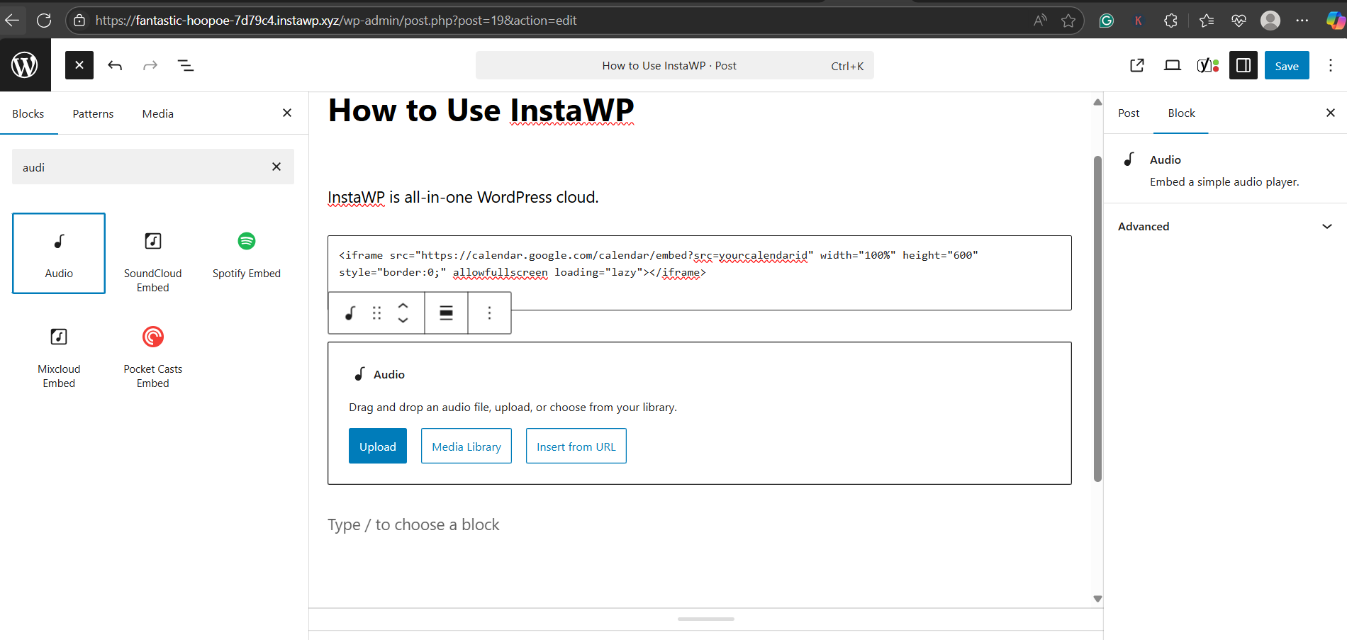 Method 1: Add MP3 Using the WordPress Block Editor (No Plugin Required): screenshot from the guide How to Add MP3 Audio Files to Your WordPress Website (Beginner’s Guide)