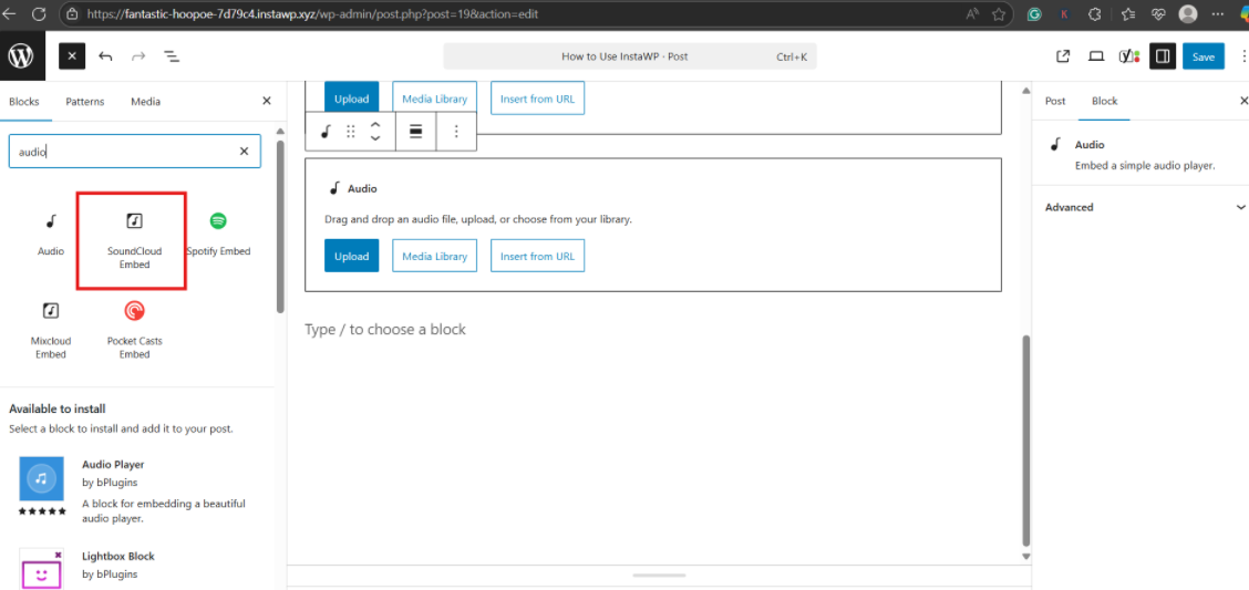 Method 2: Embed MP3 from SoundCloud, Spotify, or External Hosts: screenshot from the guide How to Add MP3 Audio Files to Your WordPress Website (Beginner’s Guide)