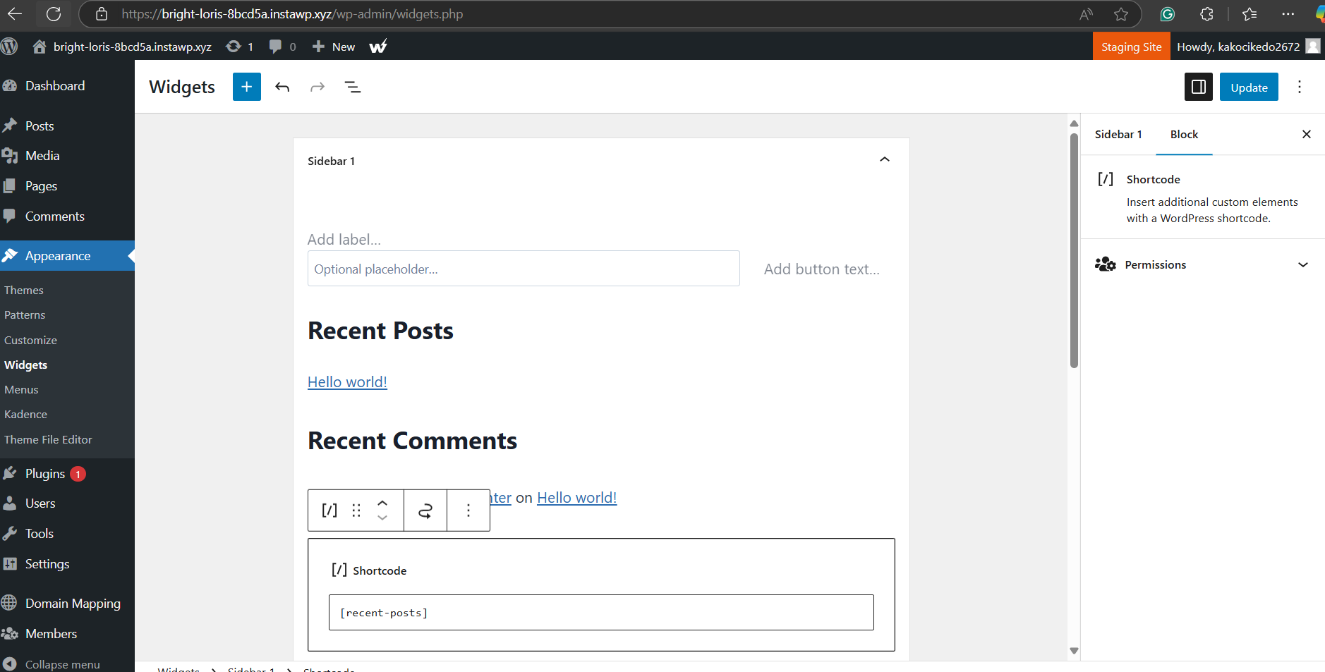 Paste your shortcode into the widget (e.g., `[recent-posts]`).