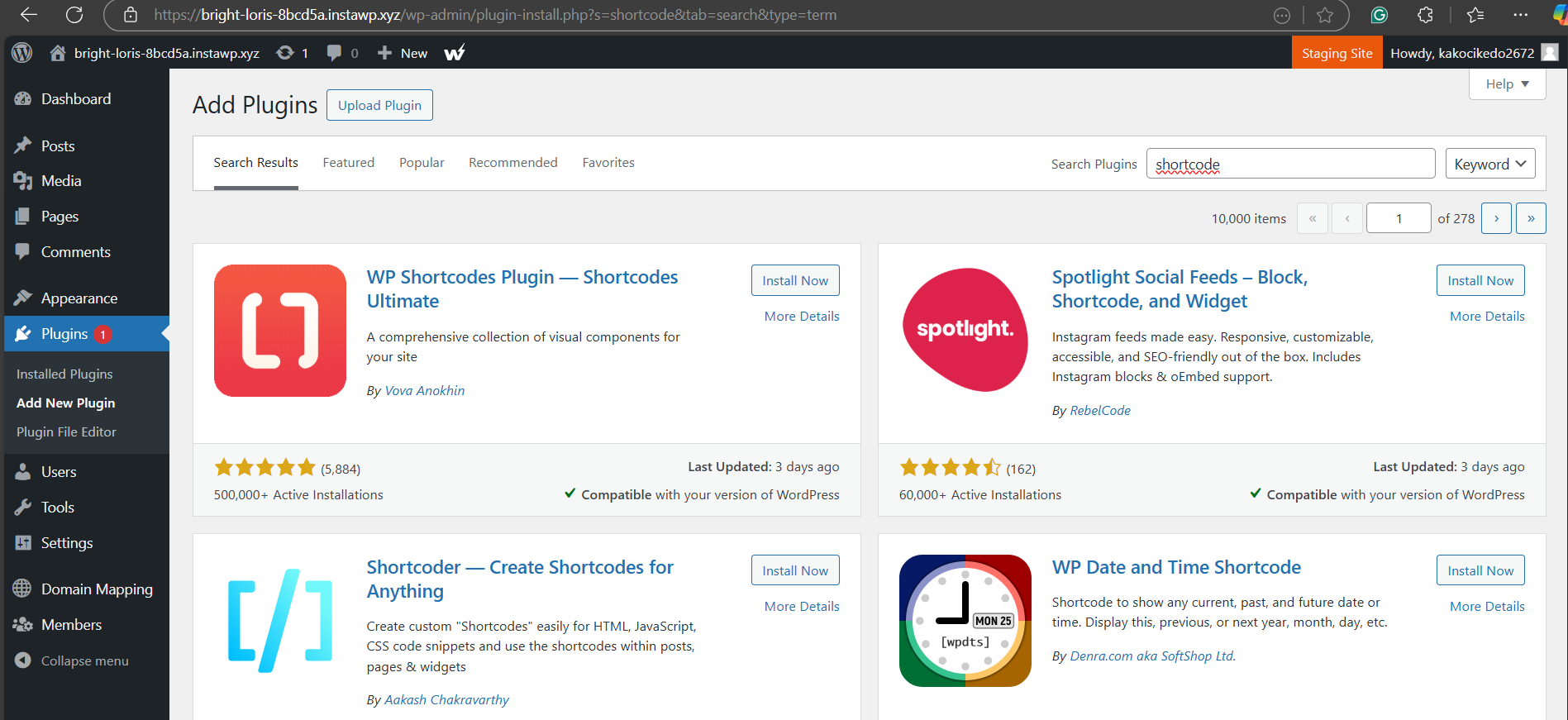 Install and activate a shortcode plugin from the Plugins > Add New section.