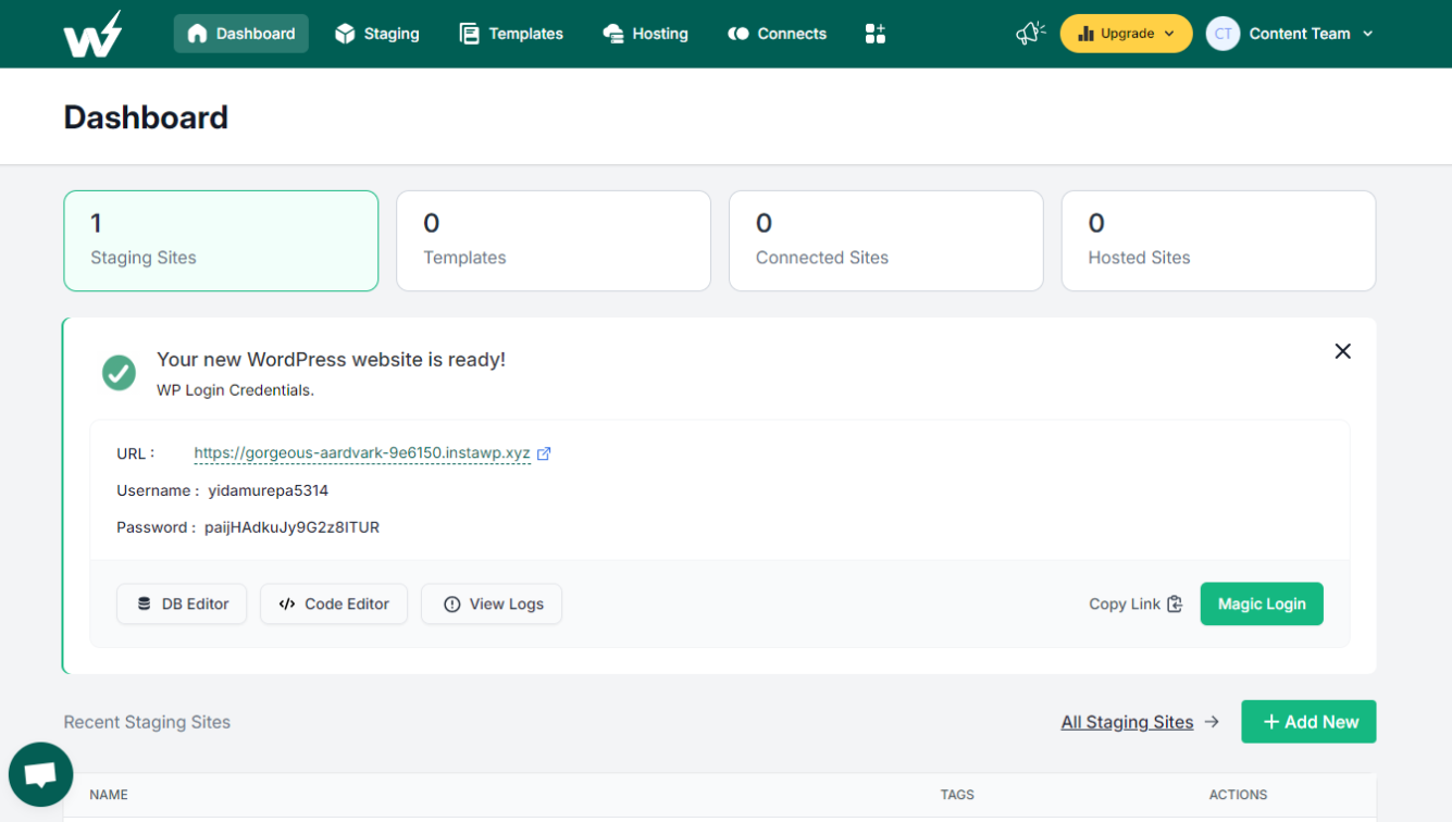 Login to InstaWP dashboard 
