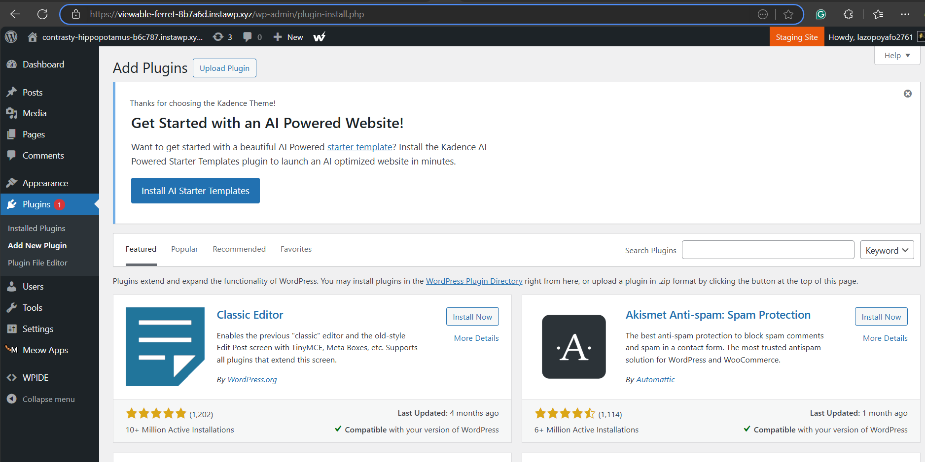 Navigating to Plugin > Add New to build landing page with AI in WordPress