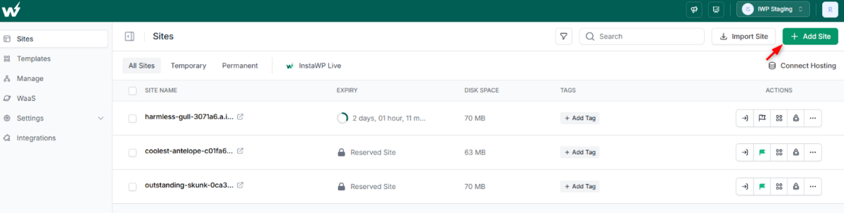 Step 2: Set Up a WordPress Site Using InstaWP, step from the guide How to Build a WordPress Plugin Using AI (step 1 of 3)
