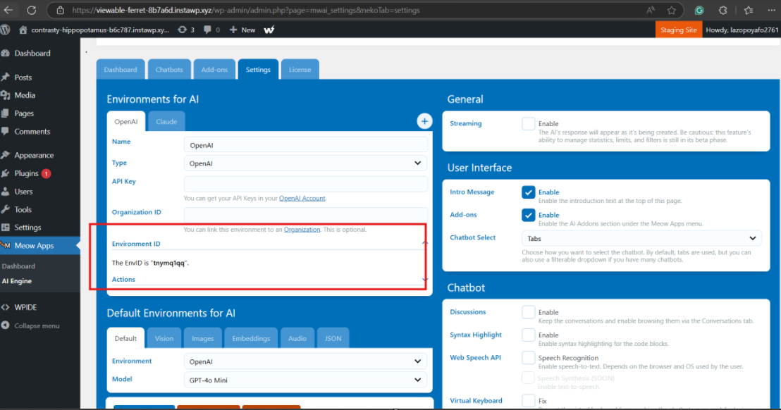 In the case of AI Engine, you have to enter the API in the Settings > Environment ID section.