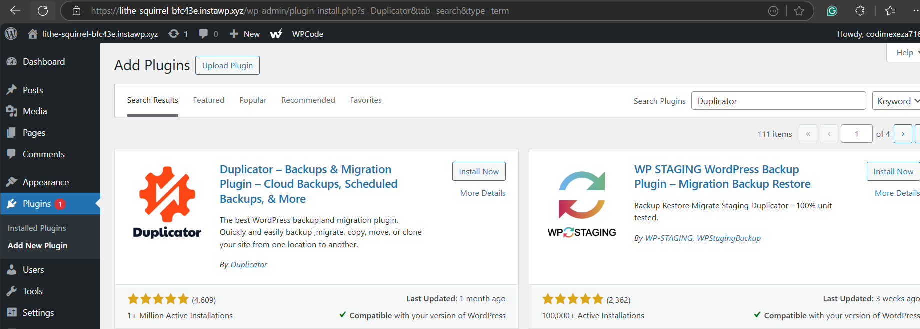 Installing Duplicator plugin on WordPress site to clone a WordPress site automatically.