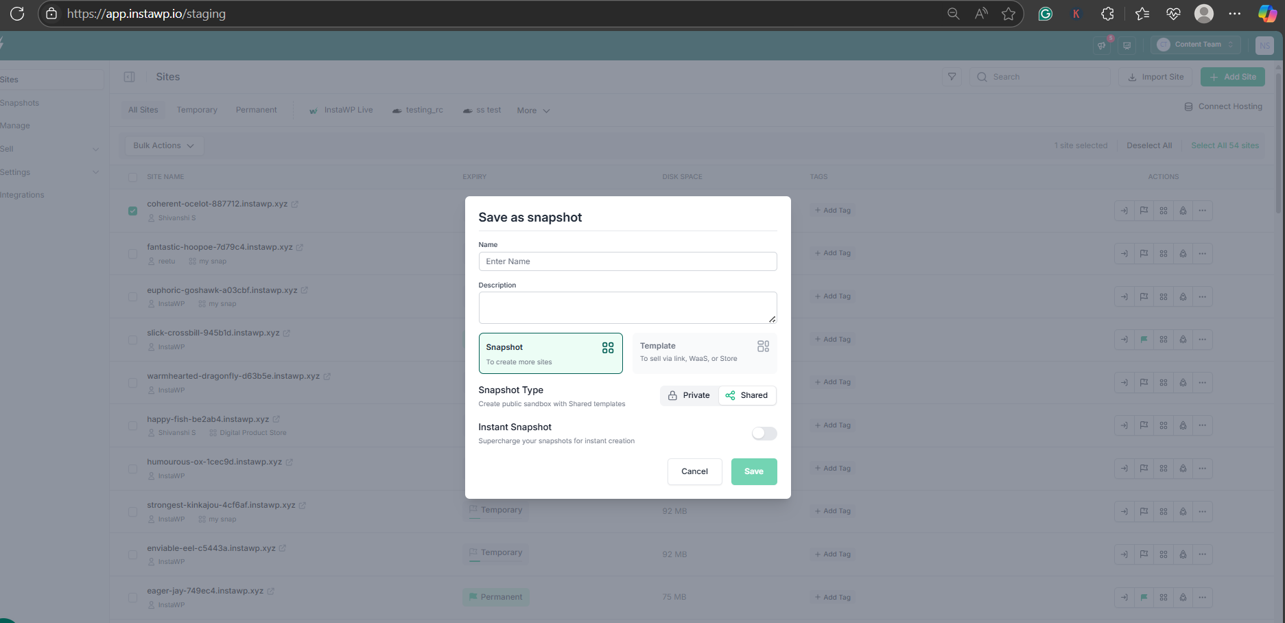 Step 3: Save the Site as a Shared Snapshot